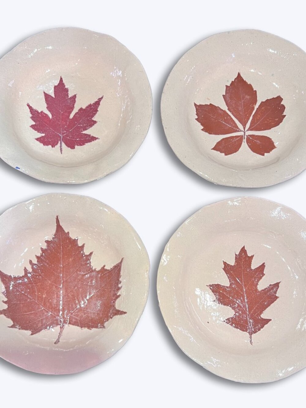 Leaf Impression Studio Pottery Plates Set 4 Cream Fall Autumn 7.5" Signed W Dowd